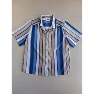 Vtg Alia Petite Shirt Womens 12 Crinkle Stripe Button Top Blue Camp Cuban Collar